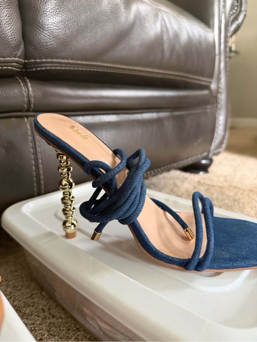 Stellah Navy Rope Wrap Sandal with Sculpted Gold-Tone Heel